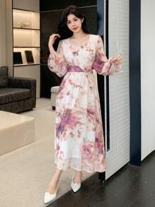 DAZY 女士优雅印花V领灯笼袖长连衣裙，秋季长袖连衣裙度假装扮女装 - 紫色 - 查看 5