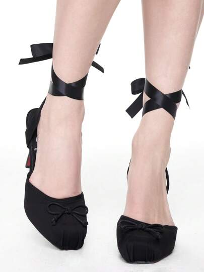 Goth Women Shoe Black High Heels Closed Toe Waterproof Platform Thick Heels Sexy Pearl Buckle Dress Shoes Cross Straps Bow Stiletto Ballet Shoes Women's High Heels Shoes