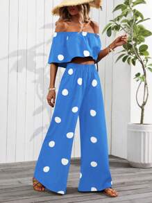 SHEIN Clasi 2pcs/Set Off-The-Shoulder Polka Dot Print Crop Top & Long Pants, Random Floral Pattern - Blue - View 5