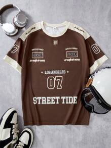 SHEIN T-shirt à manches courtes col rond pour adolescents, avec impression de numéros, de couleurs contrastées et de patchwork en style sport décontracté