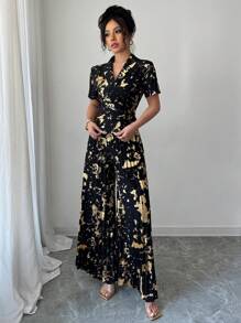 Elenzga 2 件套时尚通勤金箔面料裹身上衣和阔腿褶皱裤套装