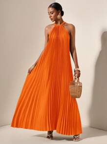 Zivah Spring And Summer Casual Vacation Light Vacation Daily Dating Halterneck Sleeveless Pleated A-Hem Loose Maxi Skirt Dark Green Women's Maxi Dress-A,Bohemia,Summer Dresses For Women - Orange - View 5