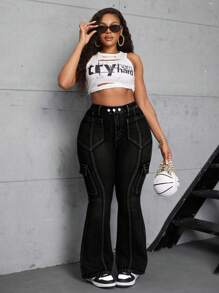 SHEIN SXY Plus Size Women's Stretch Heavy Wash Distressed Skinny Flared Jeans Women Autumn