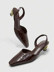 CUCCOO BIZCHIC Brown Textured Stone Pattern Women's Square Toe Electroplated Heel Fashion Pumps - Brown - View 8