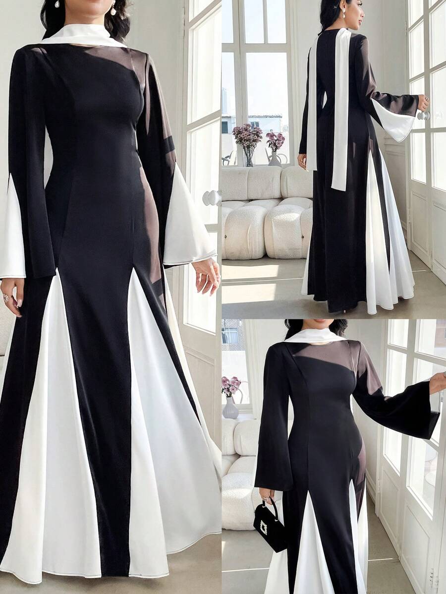 Modelyn 女士优雅撞色喇叭袖长裙 - 黑與白 - 查看 1