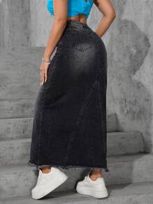 Jeanoix Casual Washed Fringed Long Denim Skirt - Black - View 2