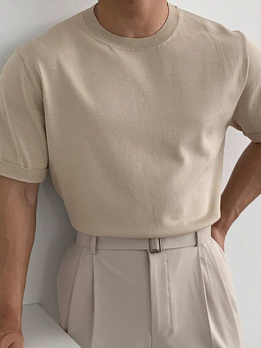 DAZY Men's Summer Casual Solid Color Short Sleeve Knit Top - Khaki - View 1