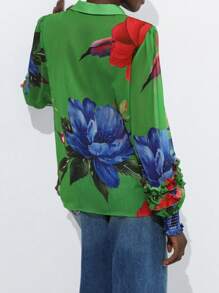 Aveloria Modichic Chiffon Contrast Color Floral Print Layered Flounce Cuff Long Sleeve Blouse Button Up Shirt Women 