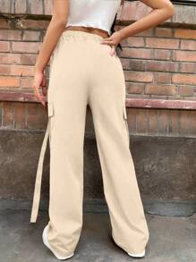 SHEIN Unity 7/9 Length Pants, Solid Color Drawstring, Simple & Fashion, Suitable For Summer Fall Cloth For Women - Khaki - View 2