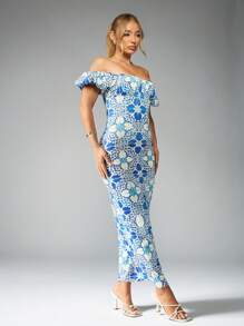 MISSGUIDED 露肩瓷印花泡芙袖Midaxi连衣裙夏季地中海蓝白图案Bodycon花园派对婚礼客人茶长高时尚