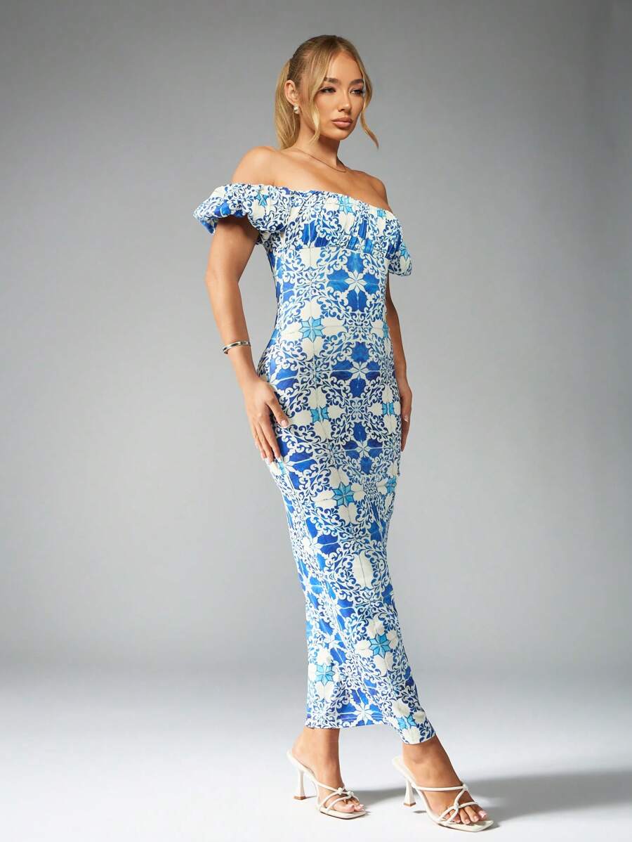 MISSGUIDED 露肩瓷印花泡芙袖Midaxi连衣裙夏季地中海蓝白图案Bodycon花园派对婚礼客人茶长高时尚