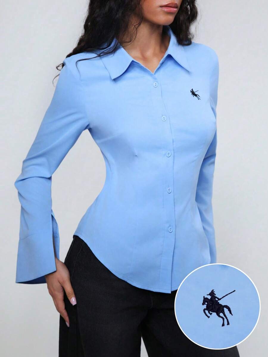 TRNVIE Women Embroidery Decor Waist-Cinched Bell Sleeve Shirt Fall Cloth For Women - Blue - View 1