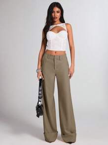 SHEIN BAE 女款初秋浅杏色纯色斜纹编织纽扣口袋简约低腰长裤，适合通勤、休闲装、办公室、复古风格、阔腿裤 - 卡其色 - 查看 3