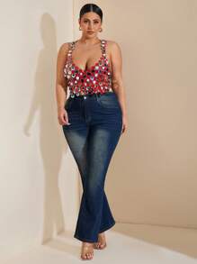 SHEIN BAE Plus Size Women's Party Crop Top, Woven Fabric, Spaghetti Strap, Contrast Sequin, Red Color - Red - View 5