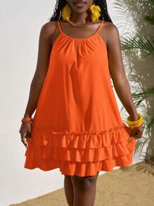 Slaydiva Váy suông hở vai màu trơn đơn giản cho kỳ nghỉ của phụ nữ - trái cam - Xem 3