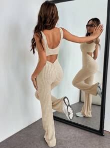 SHEIN Essnce Women's Solid Color Ribbed Hollow Back Slim Jumpsuit, Spring/Summer - Apricot - View 2