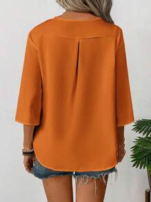 SHEIN LUNE Simple Women's V-Neck 3/4 Sleeve Solid Color Blouse For Commuting - Orange - View 2