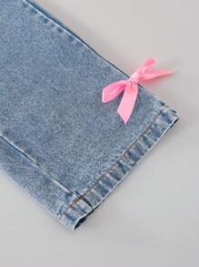 SHEIN 青少年女孩休闲两件套服装 - 蝴蝶结 T 恤和牛仔裤，适合日常穿着和通勤 - 彩色 - 查看 5