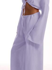 MUSERA Drawstring Waist Beach Trousers, Boho, Elegant, Holiday Vacation Ibiza - Mauve Purple - View 5