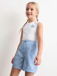 SHEIN 小女孩 2 件套：蓝色雏菊刺绣背心和配套蓝色短裤 - 彩色 - 查看 4