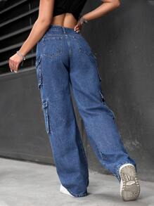 SHEIN PETITE 女式破洞多口袋休闲阔腿牛仔裤