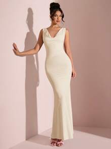 SHEIN BAE Vestido ceñido de un solo color con cuello en forma de U, espalda descubierta, tirantes con lazo y abertura alta, adecuado para graduación, dama de honor, Día de San Valentín, cumpleaños, reunión escolar, en color rosa y rosa claro