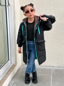 SHEIN Explorewe 1 chiếc áo khoác lông cừu dài ấm áp có mũ trùm đầu phong cách đường phố giản dị màu đen và xanh lá cây cho bé gái, mùa đông - màu đen - Xem 8