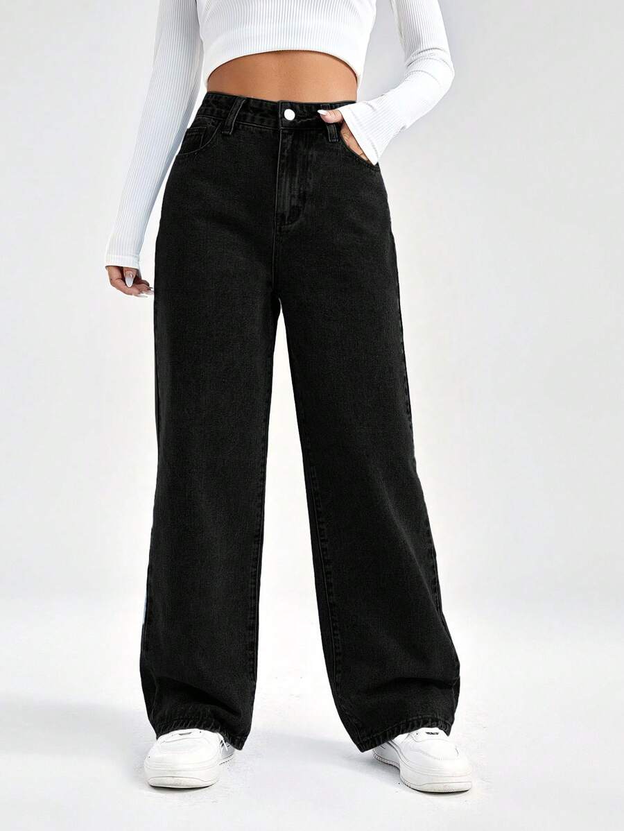 EURMUSE 100%Cotton High Waist Wide Leg Jeans - Black - View 1