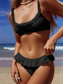 Swim Mod 2pcs Women Solid Color Lace Trim Swimsuit Set, Vacation/Beach/Party For Summer - Black - View 4