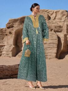 Al Najma Women's Turkish Maxi Dress & Arabic Traditional Long Robe Kaftan Jalabiya Dress - Dark Green - View 4