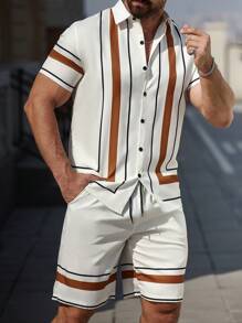 Manfinity Homme Men's Casual Front Button Short Sleeve Top And Shorts 2 Pieces Set