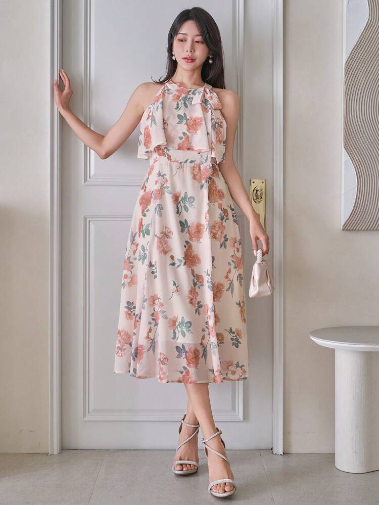 Knee-Length Sleeveless Ruffled Hem Floral Dress For Women Maxi Dress Boho