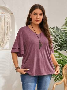 Rosumi 大码V领荷叶边袖T恤，简约时尚，适合夏季 - 酒紅色 - 查看 5