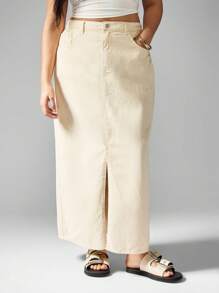 MISSGUIDED PLUS 牛仔前开衩长裙 - 米色 - 查看 8