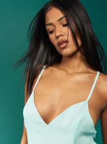 MISSGUIDED Elegant Mini Slip Dress Ruffle Side Detail Spaghetti Strap Summer Party Wedding Guest Satin Evening Sleeveless A-Line - Blue - View 4