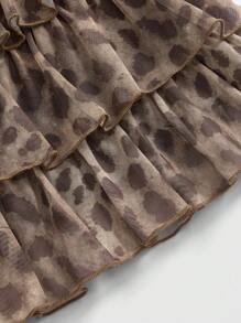 ROMWE Hippie 女式复古波西米亚豹纹荷叶边下摆迷你连衣裙 - 棕色 - 查看 4