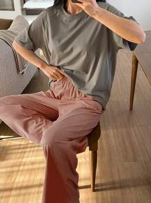 DAZY Minimalist Raglan Sleeve Top And Straight Leg Pants Pajama Set - Pink - View 6