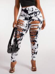 SHEIN SXY Plus Size Women's Fashion Street Style Sexy Ripped Tie-Dye Print Tight Leggings, Suitable For Sports, Yoga, Everyday Wear, Western Wear, Cruise Attire, Music Festival, Concert, Carnival Party, Beach Vacation, Date Night, Birthday, Bachelorette Party, Club, Cute, Casual, Shopping, Streetwear, Going Out, Easy To Match & Looks Slim, Accentuates The Body, Flatters The Figure Camo Cow Print
