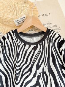 SHEIN LMoss Kids Bộ áo thun tay ngắn và quần short họa tiết lượn sóng thường ngày cho bé gái tuổi mới lớn LMoss - màu đen - Xem 4