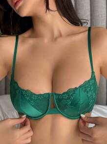 DAZY Lace Semi-Sheer Underwire Bra With No Padding, Lightweight - Dark Green - View 4