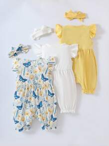 SHEIN 3pcs/Set Baby Girls' Casual Cute Butterfly Print Cap Sleeve Loose Elastic Comfortable Romper & Headband - Multicolor - View 3