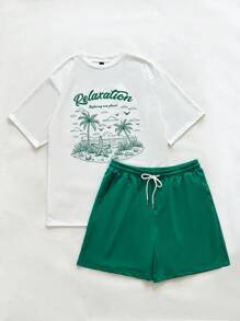 Manfinity VCAY 2pcs Unisex Casual Coconut Tree Island Graphic Loose Short Sleeve T-Shirt & Drawstring Waist Straight Shorts Set, Suitable For Daily Wear, Vacation Clothes