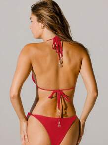 Aralina Print Halter Neck Tie Triangle Bikini Set With Beaded Ends With Swim Bag For Summer Beach Vacation - Red - View 4