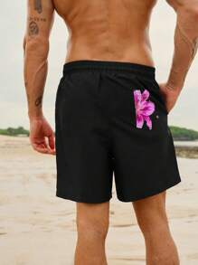 Manfinity Swimmode Men's Floral Print Drawstring Waist Beach Shorts,Hawaiian - Multicolor - View 2