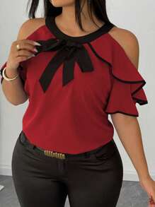 Elenzga Blusa elegante de manga corta con detalles de encaje y bloques de color para mujer