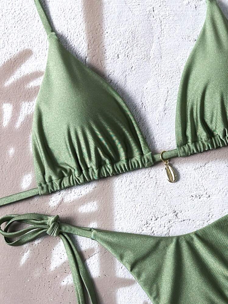 Swim Mod Women's Summer Beach Solid Color Halter Tied Sexy Bikini Two Pieces Swimwear Set - Army Green - View 4