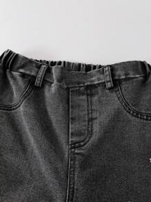 SHEIN ChillGRL 2 件女童休闲蝴蝶结 T 恤和牛仔裤套装，日常通勤装 - 深灰色 - 查看 7