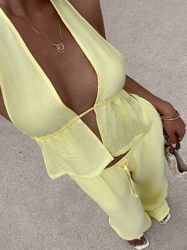 Sunnyshic Set da 2 pezzi: Crop top in lino giallo con scollo a V profondo e schienale aperto e pantaloni larghi a vita bassa con laccetti, casual, sexy ed elegante, outfit da spiaggia e vacanza estiva per donne