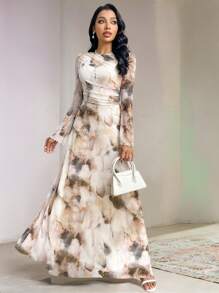 Veilorie Women's Tie-Dye Print Round Neck Long Sleeve Elegant Extra Long Dress Dresses For Women Elegant Women Formal