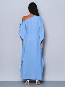 SOLERSUN 春夏女装优雅通勤性感斜肩蝴蝶结海边度假聚会派对长袍纹理面料杏色长裙 - 藍色 - 查看 2